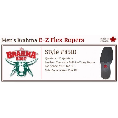 Chocolate Bullhide/Crazy Bayou 11" 8510 Canada West Men's BRAHMA EZ-Flex Ropers
