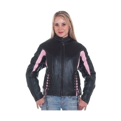 Womens Black & Pink Leather Racer Jacket With Multi Pockets