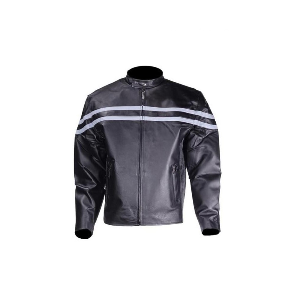 Mens Black Leather Jacket With Stylish Silver Stripes