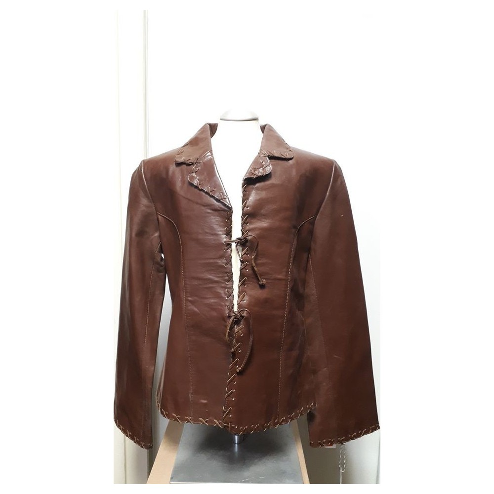Ladies tiedown leather jacket Chocolate Brown