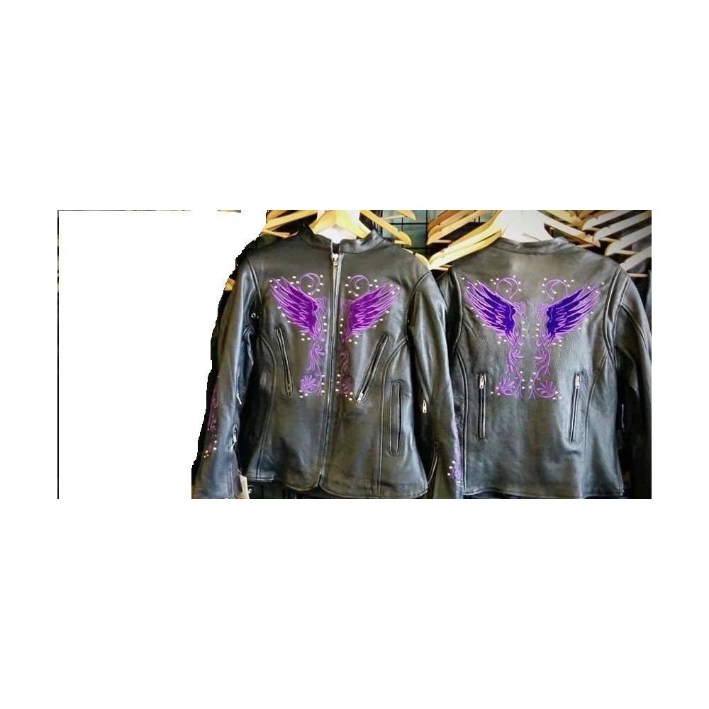 Ladies Leather Jacket W/Purple Embroidery & rivets