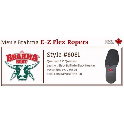 Black Bullhide/Black Deertan 11" 8081 Canada West Men's BRAHMA EZ-Flex Ropers