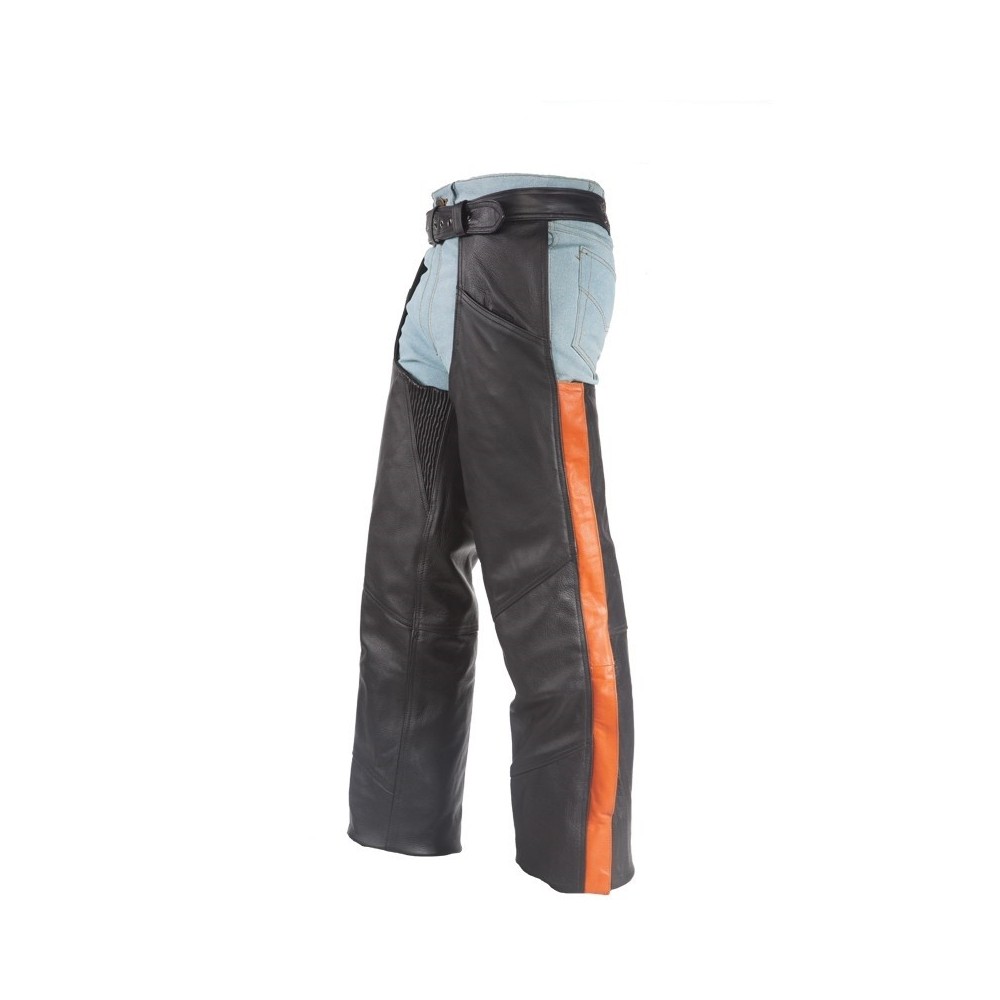 Black Leather thermal Chaps With Orange Straps